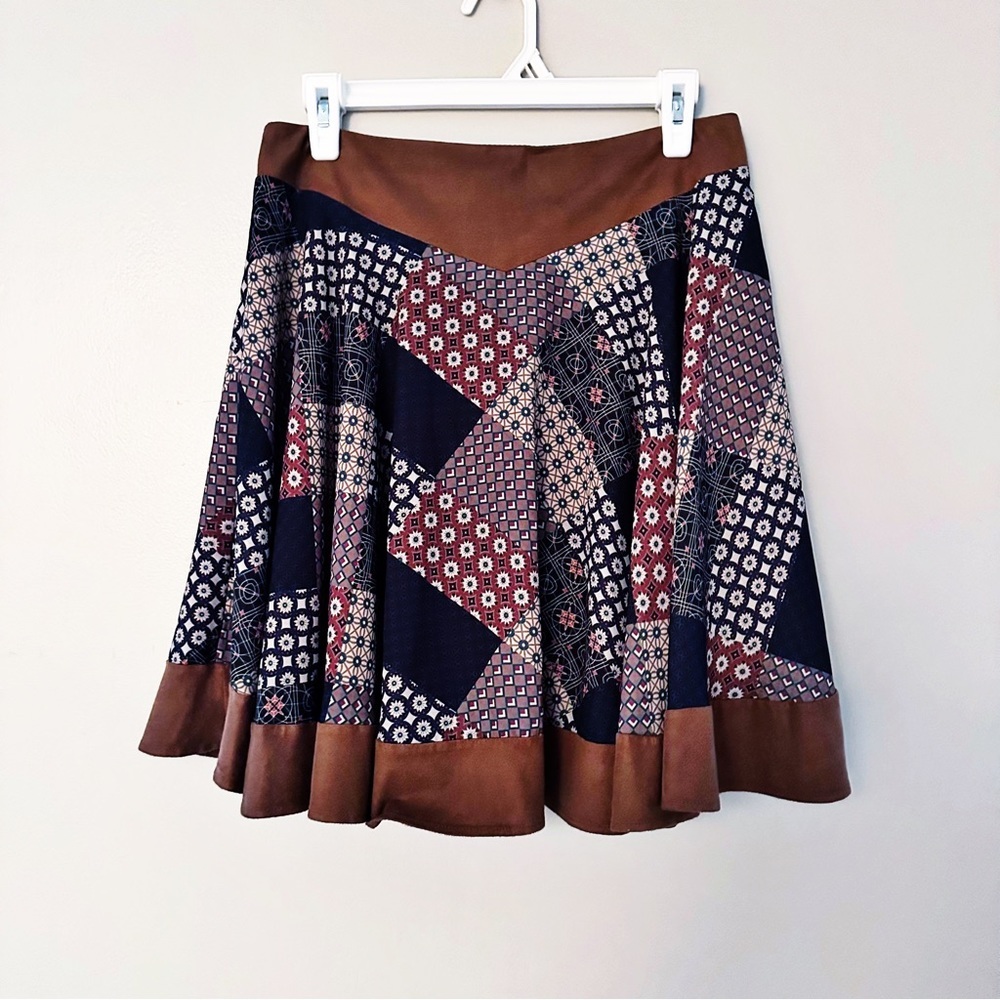 Chic Patchwork Skater Skirt - Brown and Blue